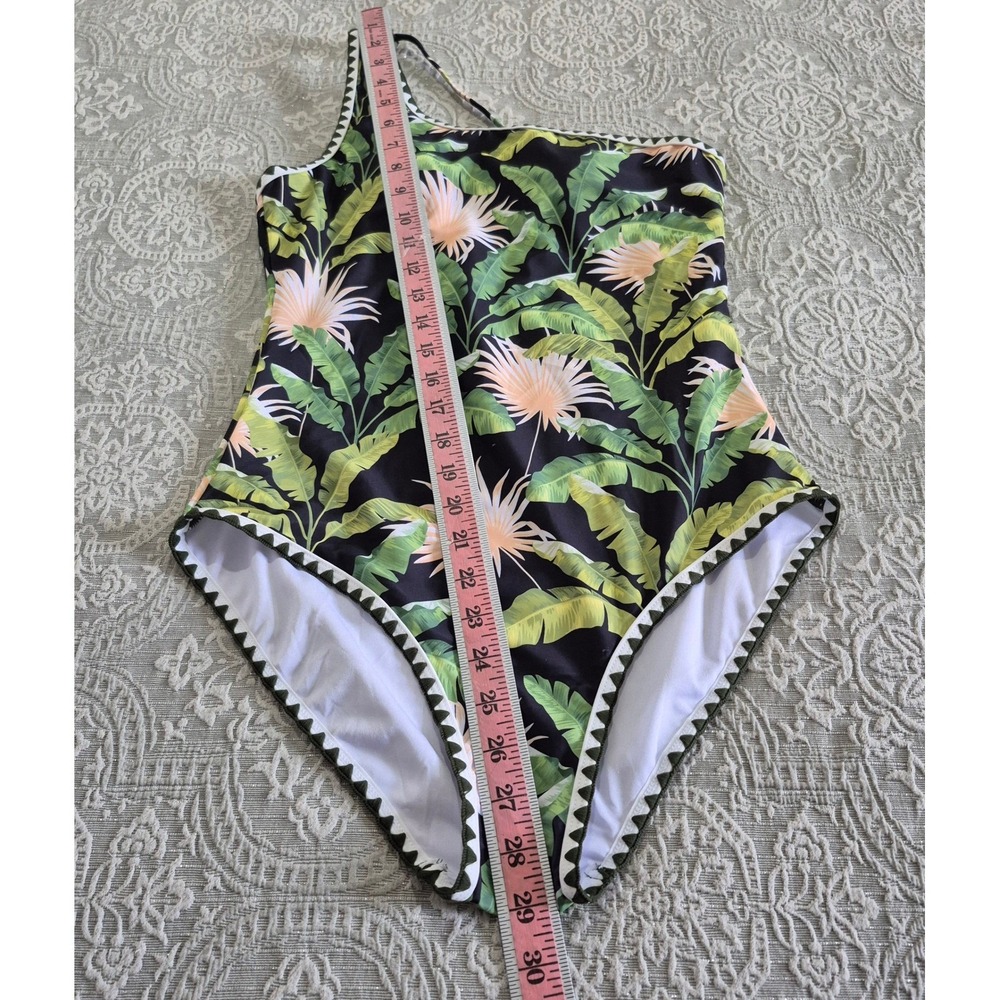 Tropical Palm Leaf One Shoulder One Piece Swimsuit Green Black Scalloped Size M - Picture 5 of 8